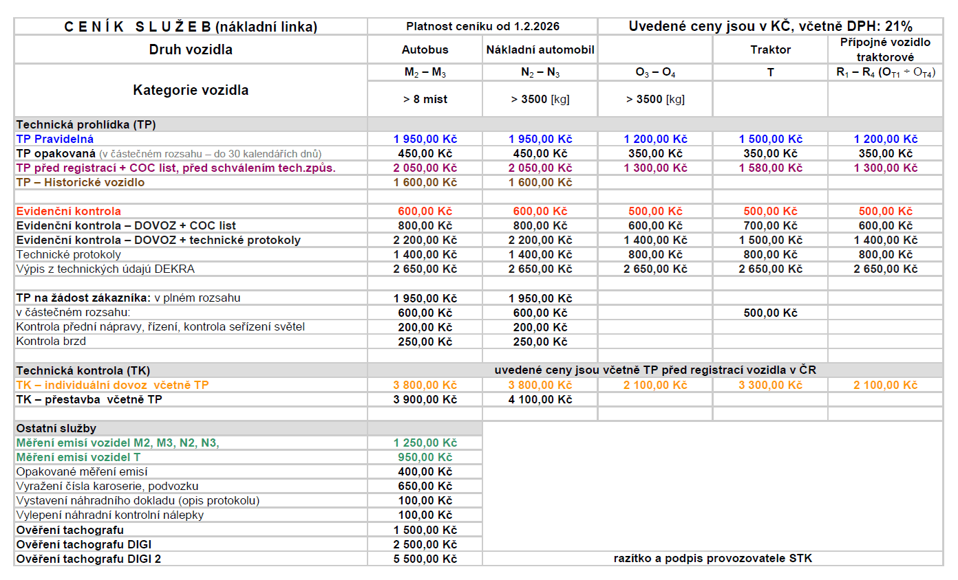 Ceník služeb pro nákladní automobily STK Raspenava